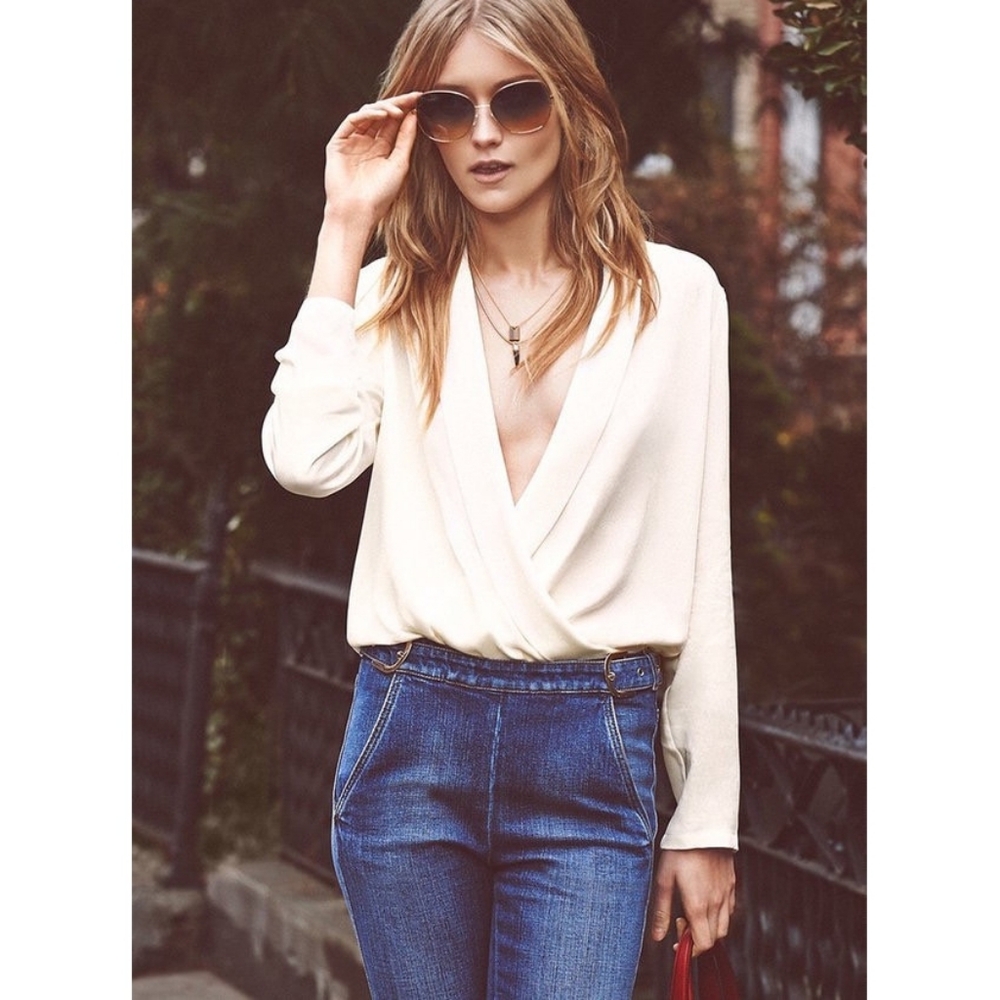 Theory 100% silk cream faux wrap blouse
